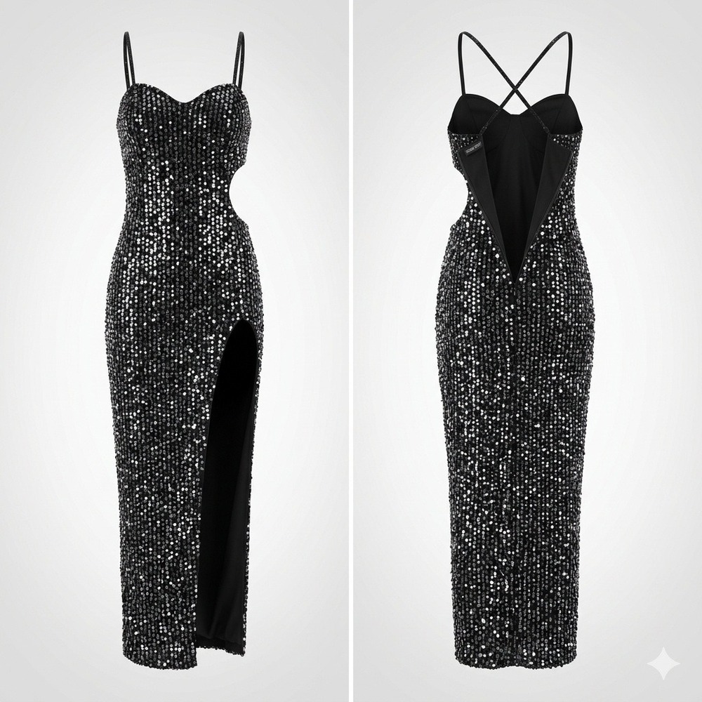 Double Crazy Womens‎ Black Sequin Maxi Dress S Formal Cut Out Evening Gown